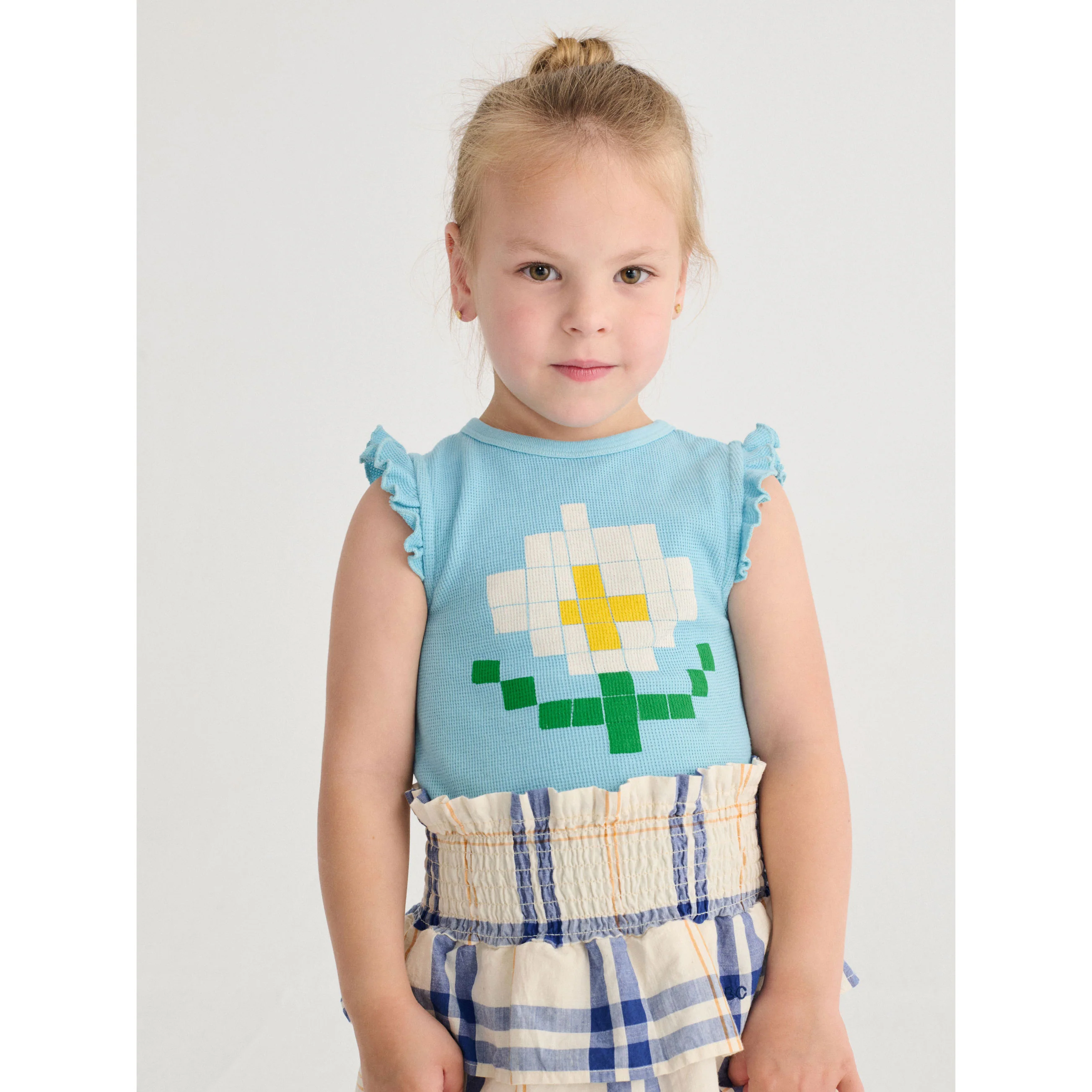 Bobo Choses Light Blue Pixel Daisy Ruffled Top - Image 4