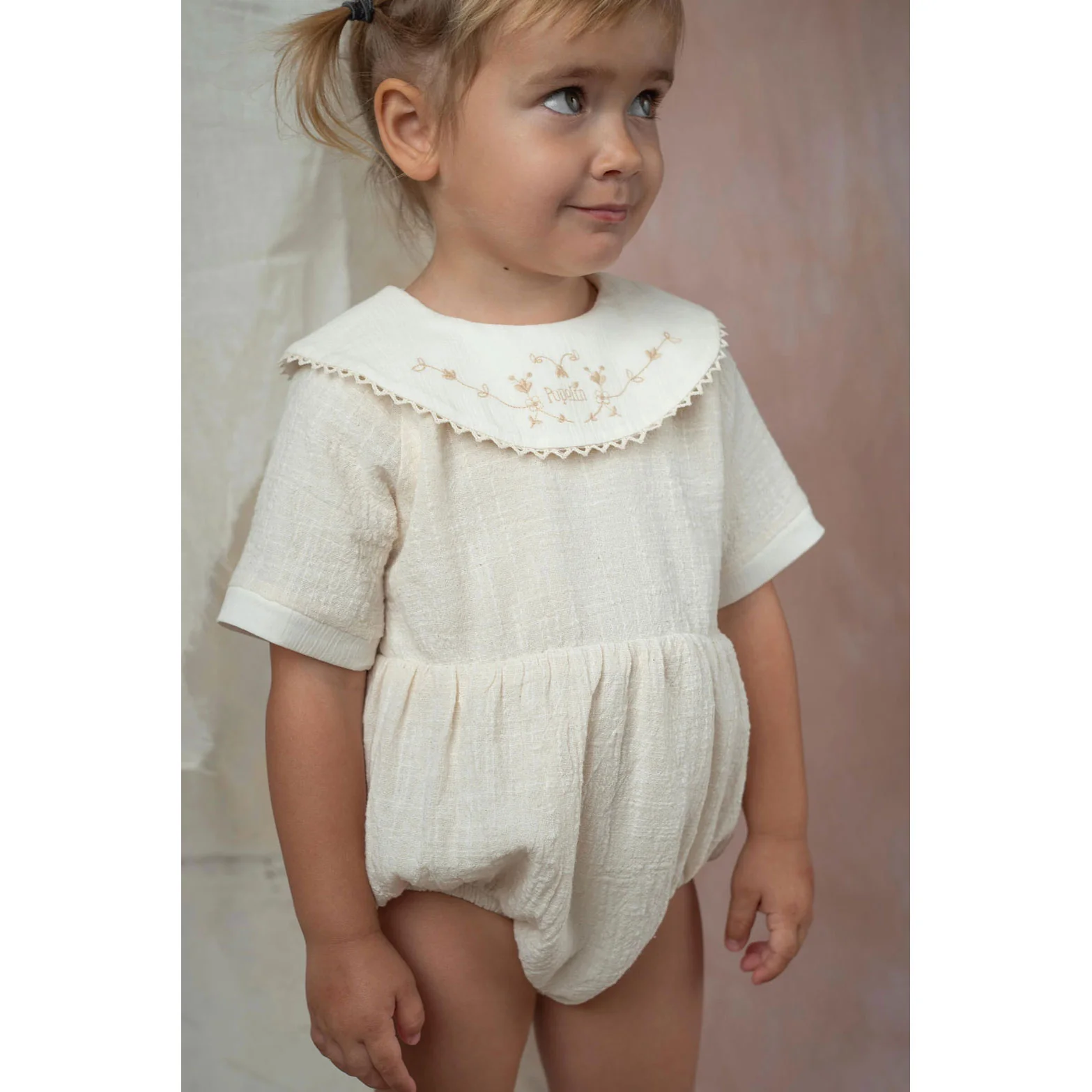 Popelin Off White Embroidered Collar Romper - Image 2