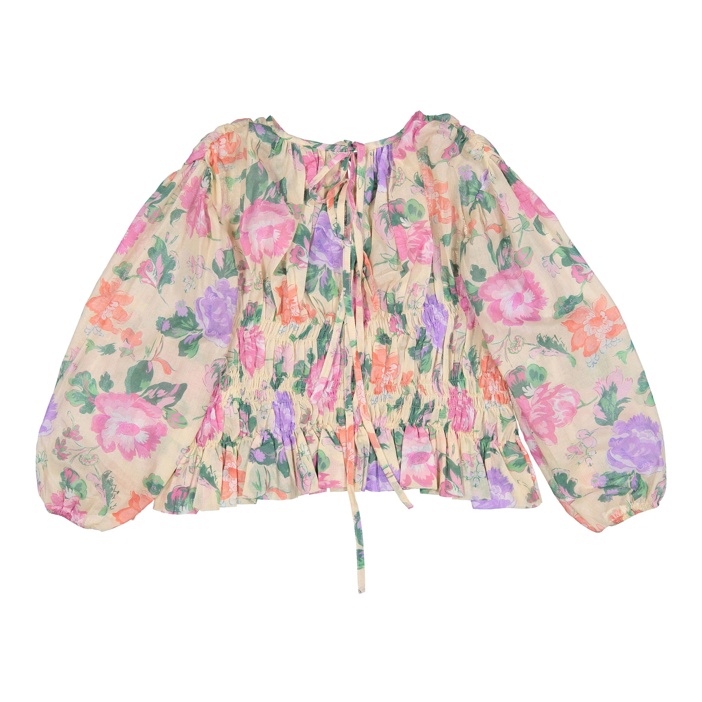 Tangerine Tan Flower Motif Smocked Sleeve Blouse - Image 2